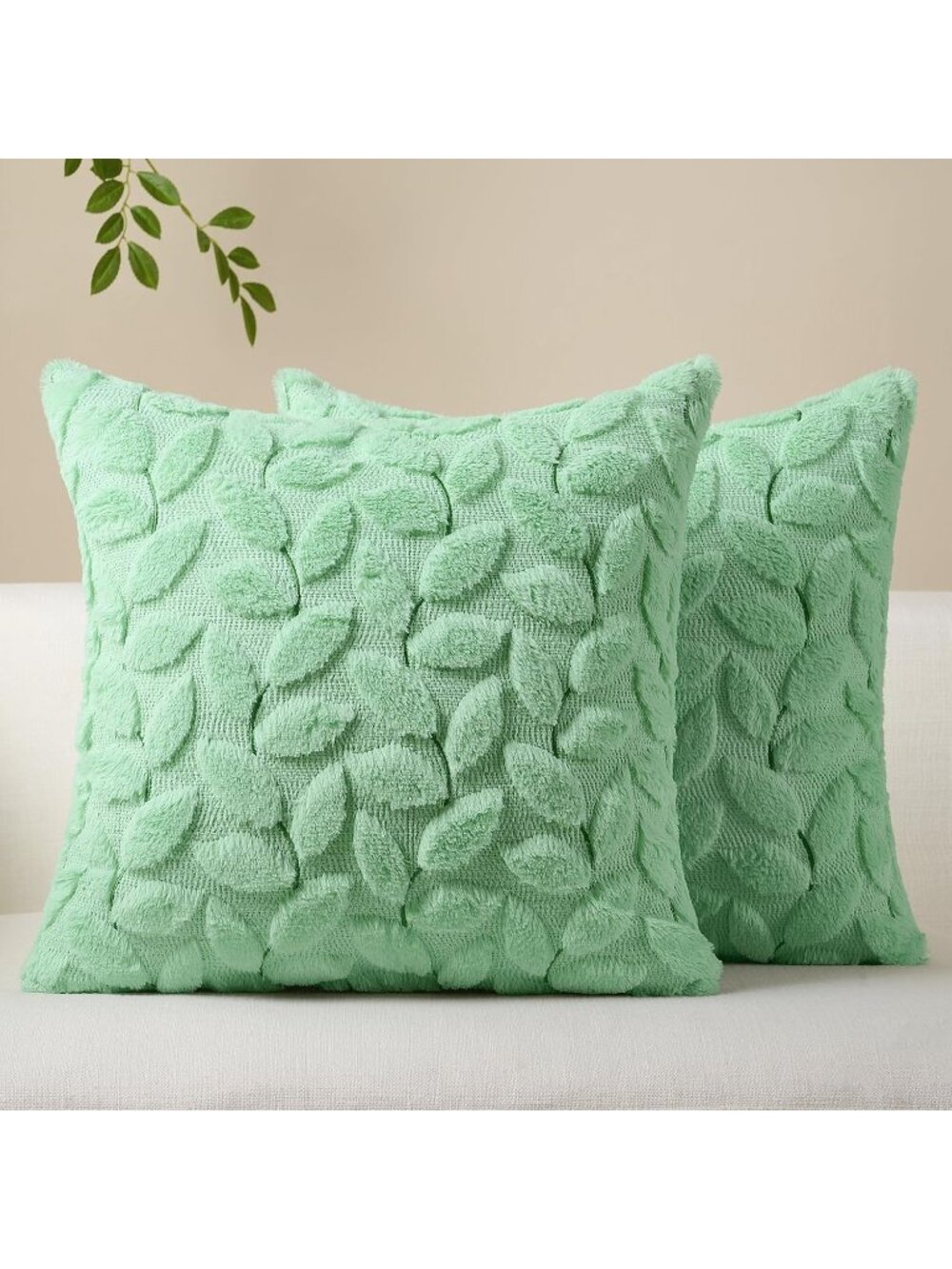 〽️Unisex Sage Green Leaves Plush Faux Fur Couch Sofa Embroidered Cushion Cover